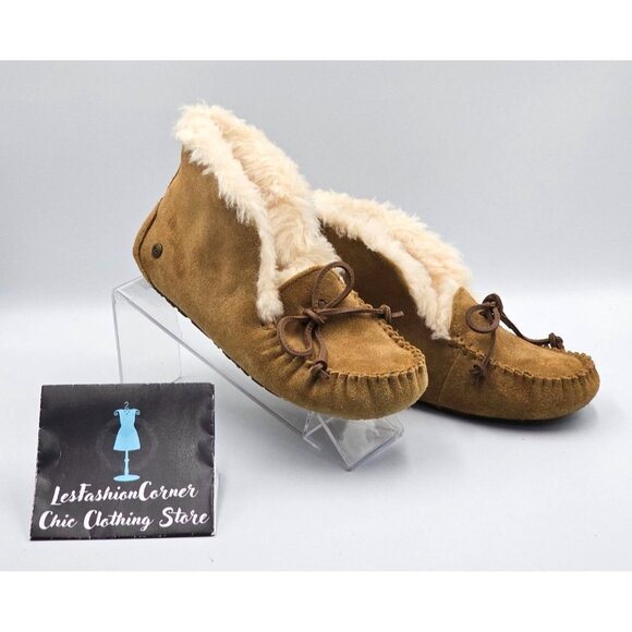 UGG Kid's Tan Suede Alena Shearling-Lined Moccasin Slippers Size 3 2513 - Picture 5 of 16